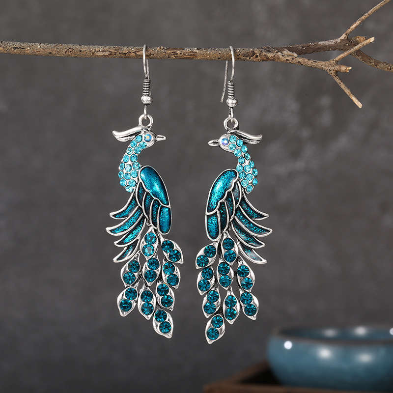 Rhinestone Turquoise Peacock Detail Alloy Earrings