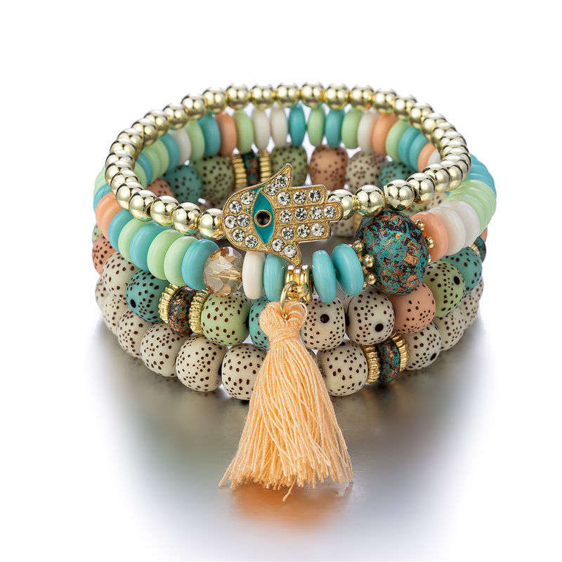 Tassel Rhinestone Detail Round Mint Green Bracelet Set
