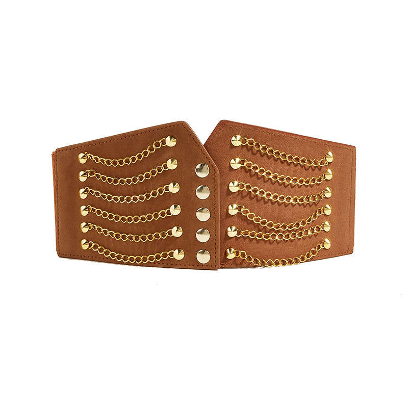 Layered Chain Detail Dark Camel Metal Belt