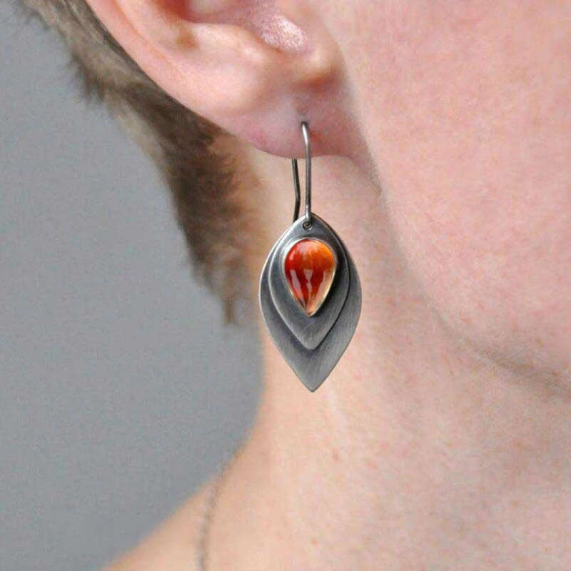 Leaf Design Teardrop Orange Alloy Earrings