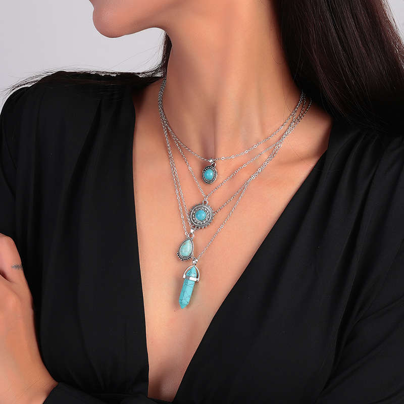 Round Layered Design Turquoise Alloy Necklace