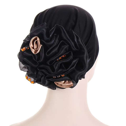 Rhinestone Detail Patchwork Black Turban Hat