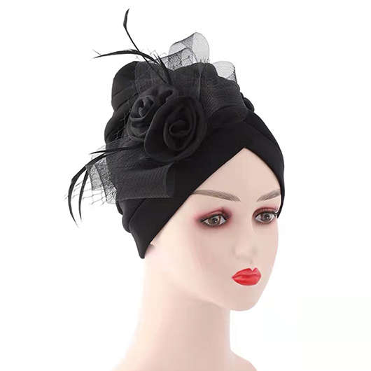Black Patchwork Cotton Detail Turban Hat