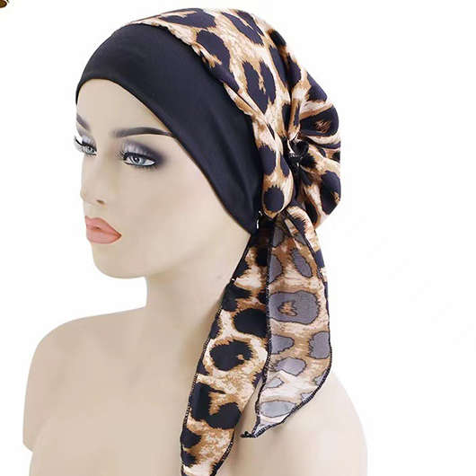Leopard Detail Patchwork Black Turban Hat