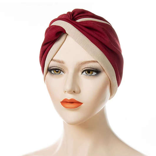 Wine Red Patchwork Twist Turban Hat