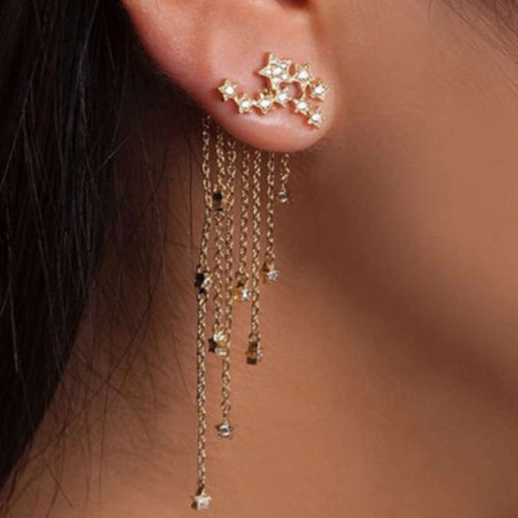 Golden Alloy Detail Tassel Star Design Earrings