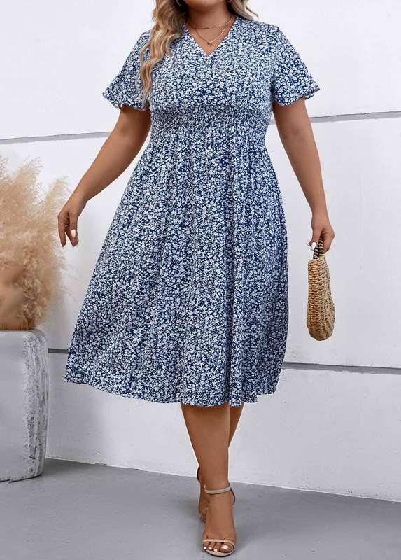 Plus Size Smocked Dusty Blue Dress