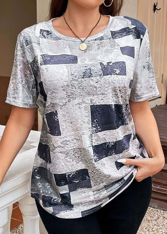 Plus Size Lightweight Grey Geometric Print T Shirt