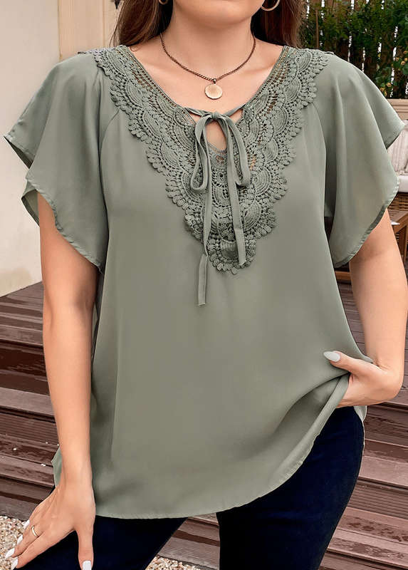 Plus Size Patchwork Sage Green V Neck Blouse