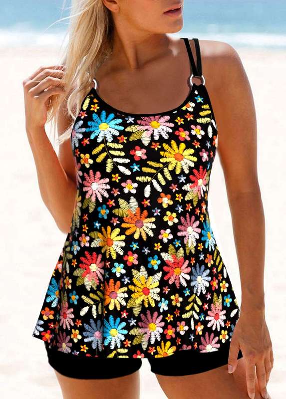 Circular Ring Black Floral Print Tankini Set