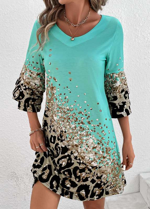Patchwork Leopard Cyan Shift Dress