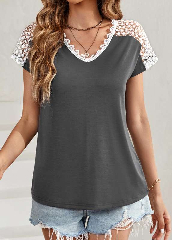 Patchwork Dark Grey Scoop Neck T Shirt