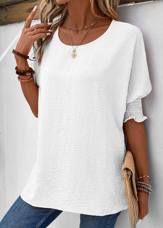 Smocked White Round Neck Half Sleeve T Shirt