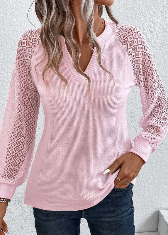 Hollow Lace Light Pink Split Neck T Shirt
