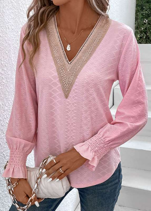 Patchwork Pink V Neck Long Sleeve T Shirt