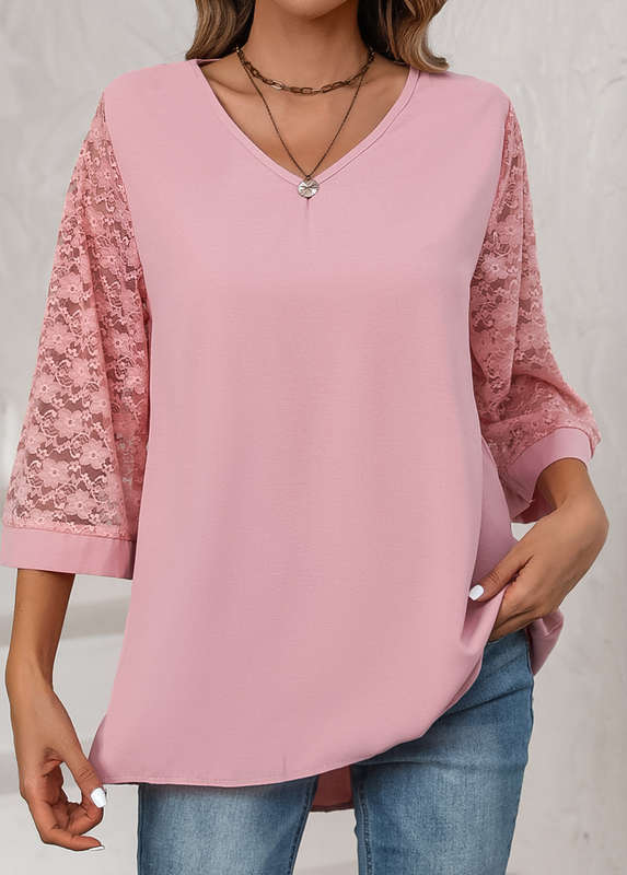 Lace Light Pink V Neck Blouse