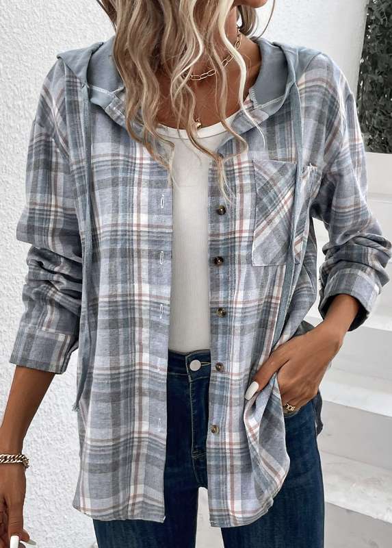 Pocket Plaid Dusty Blue Hooded Long Sleeve Coat