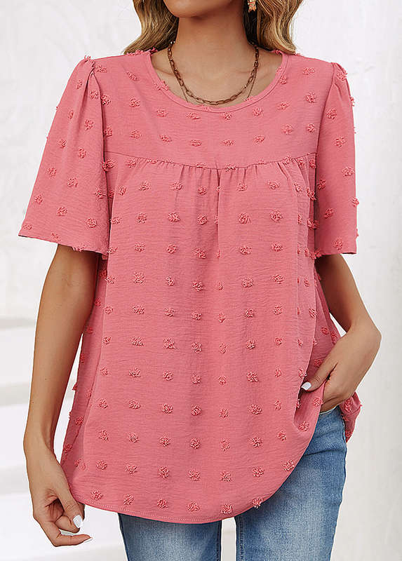 Ruched Pink Round Neck Short Sleeve T Shirt