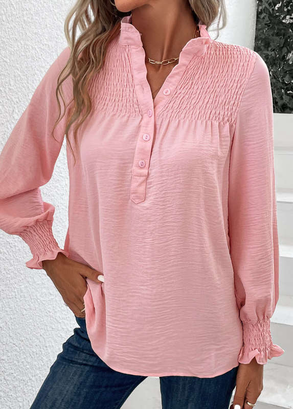 Smocked Light Pink Stand Collar Long Sleeve Blouse