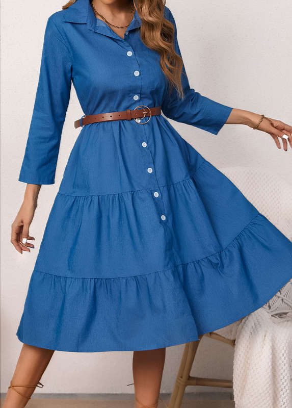 Button Denim Blue Belted Shirt Collar Dress
