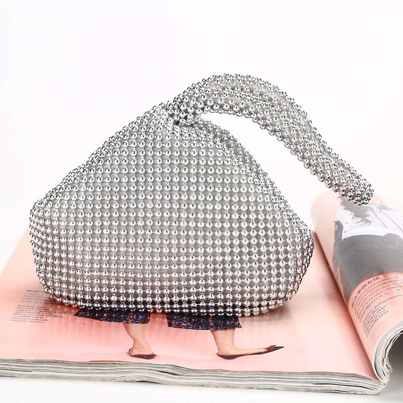 Silvery White Rhinestone Zip Hand Bag