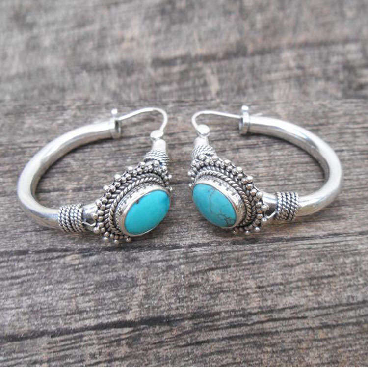 Oval Alloy Detail Retro Cyan Earrings