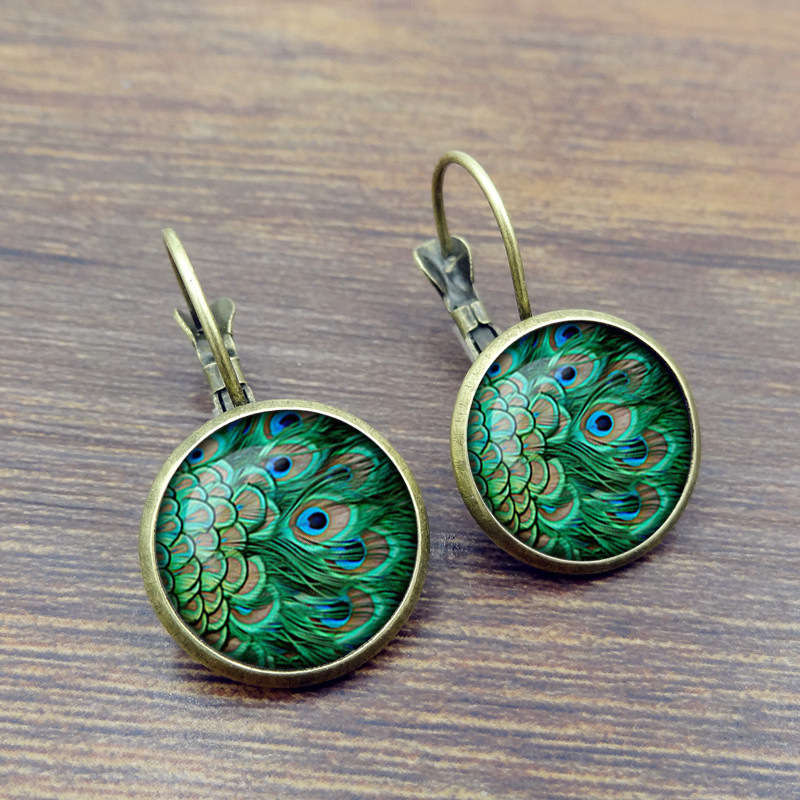 Round Alloy Retro Peacock Design Green Earrings
