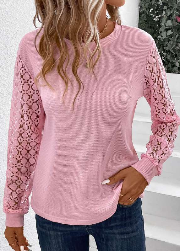 Lace Pink Round Neck Long Sleeve T Shirt