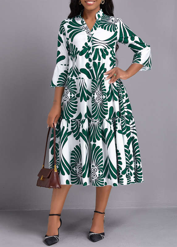 Button Leaf Print Green A Line Dress