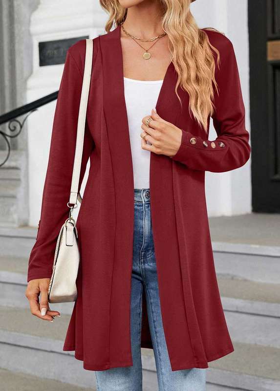 Button Wine Red V Neck Long Sleeve Coat
