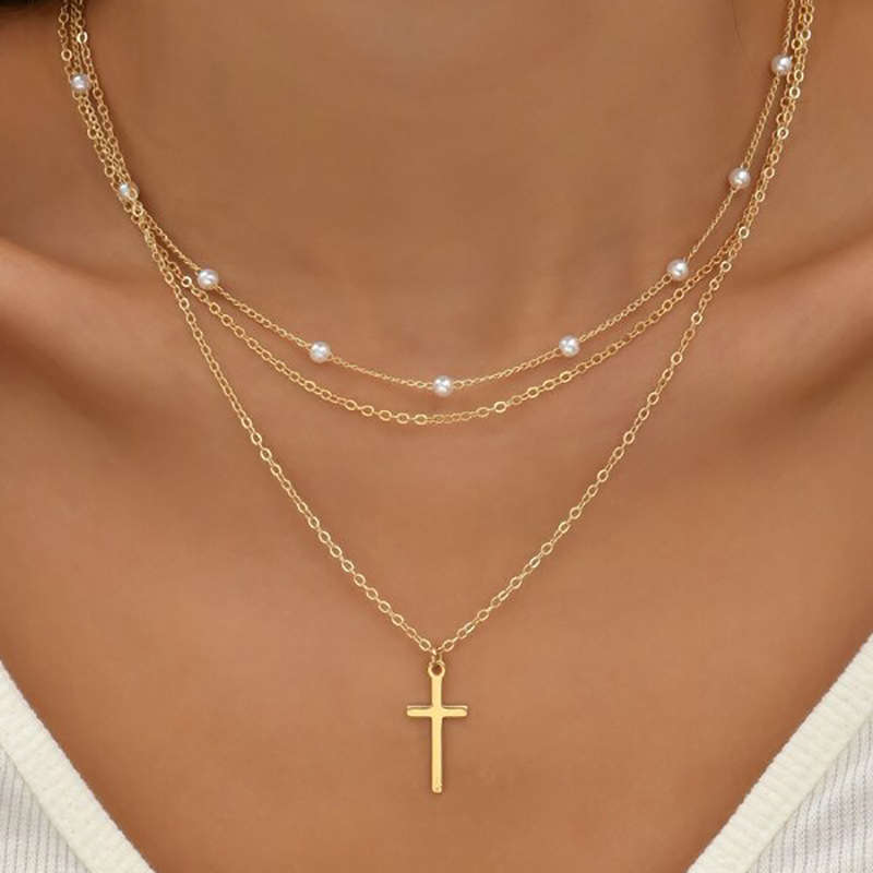 Pearl Detail Cross Gold Alloy Necklace Set