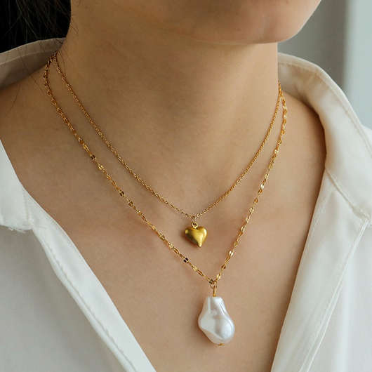 Heart Layered Asymmetric Pearl Gold Necklace