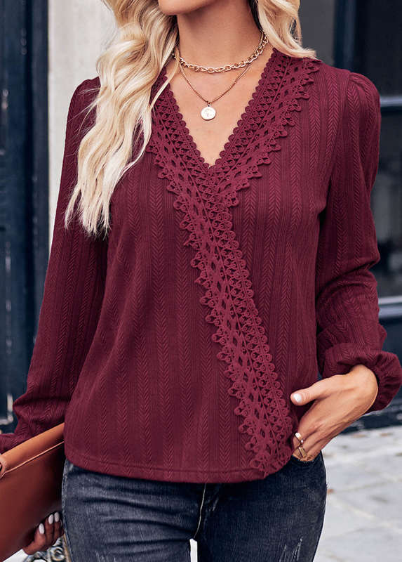 Lace Wine Red V Neck T Shirt