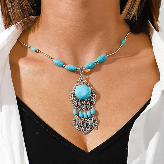 Alloy Tassel Leaf Hollow Cyan Necklace