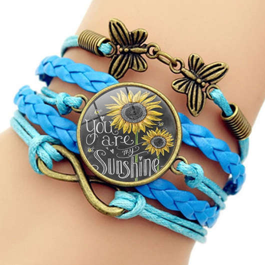 Round Alloy Sunflower Letter Detail Cyan Bracelet