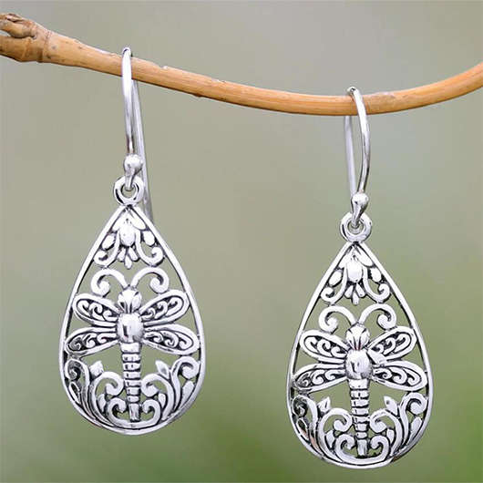 Oval Dragonfly Hollow Design Silver Earrings