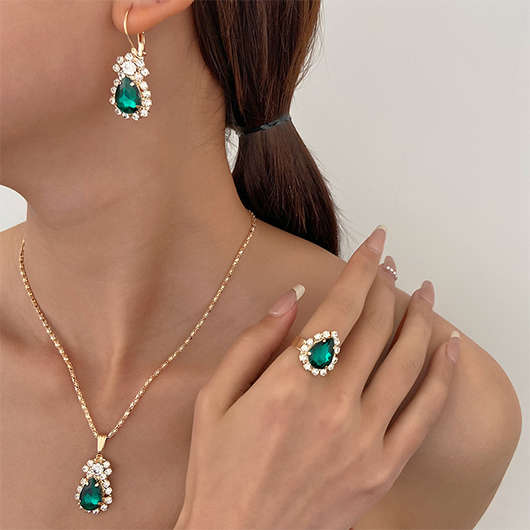 Waterdrop Green Rhinestone Design Earrings Set