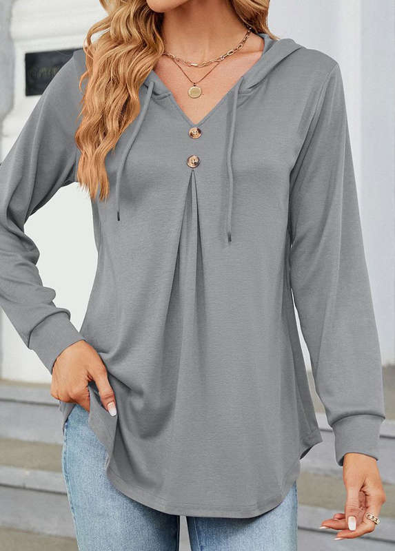 Button Light Grey Hooded Long Sleeve T Shirt