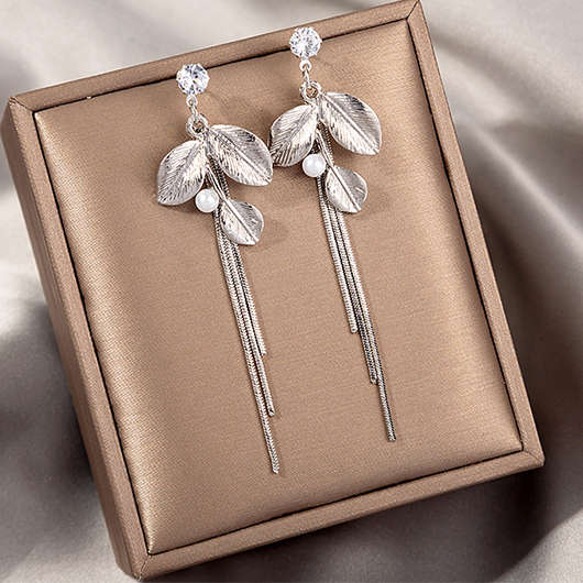 Leaf Detail Silvery White Alloy Earrings