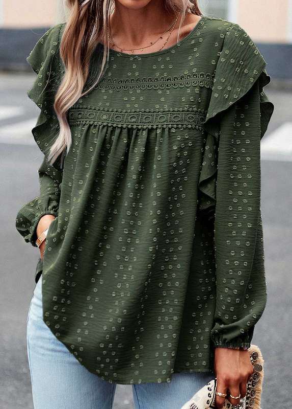 Ruffle Olive Green Round Neck Long Sleeve Blouse