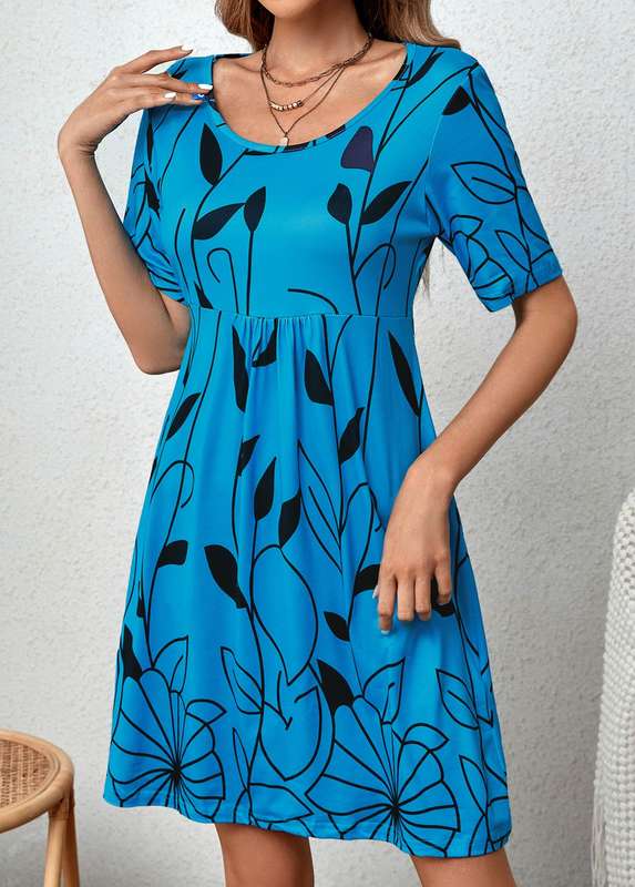 Plants Print Neon Blue Round Neck Dress