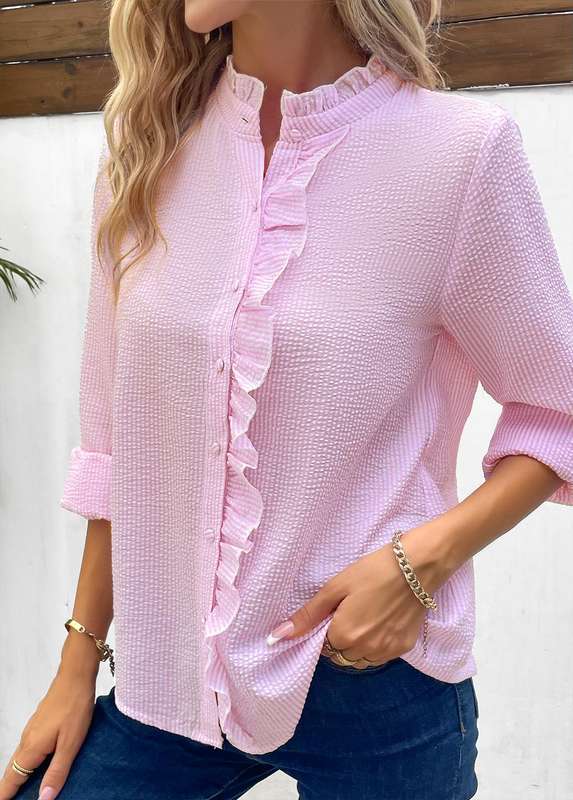 Frill Pink Stand Collar Long Sleeve Blouse