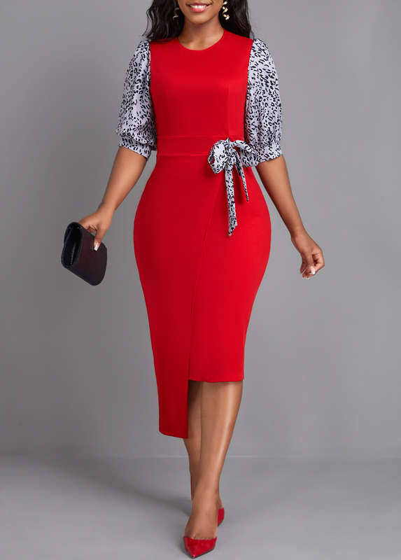 Leopard Red Round Neck Half Sleeve Bodycon Dress