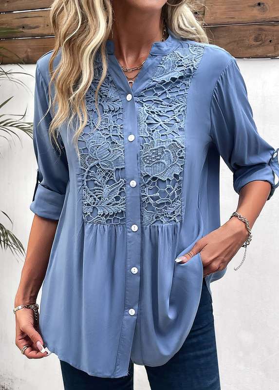 Lace Denim Blue Split Neck Long Sleeve Blouse