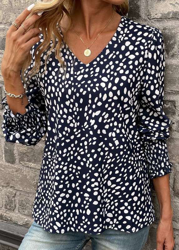Smocked Polka Dot Navy V Neck Blouse