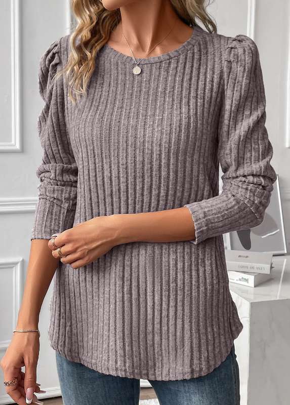 Ruched Grey Round Neck Long Sleeve T Shirt