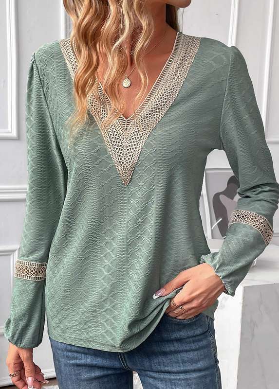 Jacquard Sage Green V Neck Long Sleeve Blouse