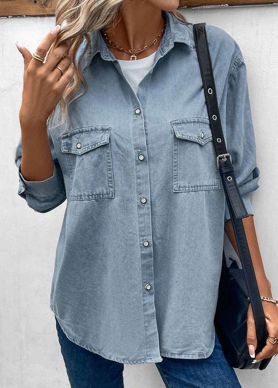 Pocket Dusty Blue Shirt Collar Long Sleeve Blouse