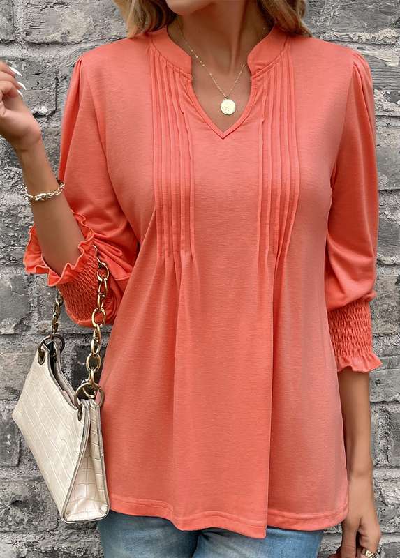 Smocked Coral Split Neck Long Sleeve T Shirt