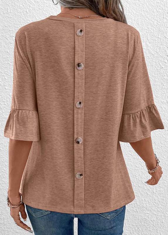 Button Light Camel Round Neck T Shirt